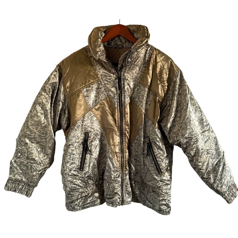 Vintage Edelweiss Skiwear Metallic Gold Paisley Ski Jacket M 80s 90s Retro Puffe